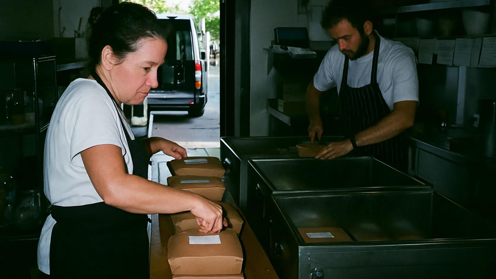 Team packing food into delivery boxes in a professional kitchen