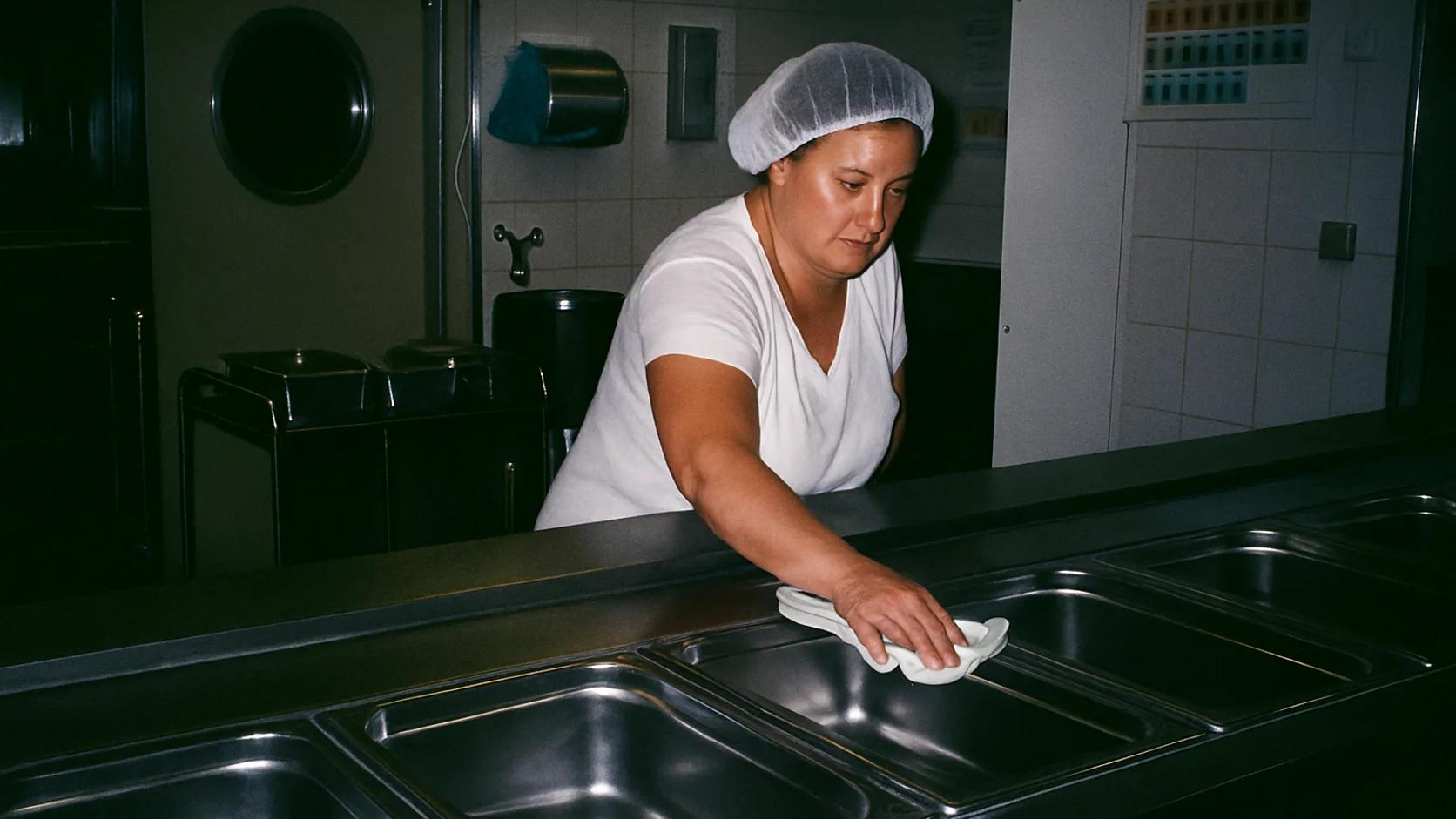 Kantinemedarbejder rengør serveringsdisken før madserveringen