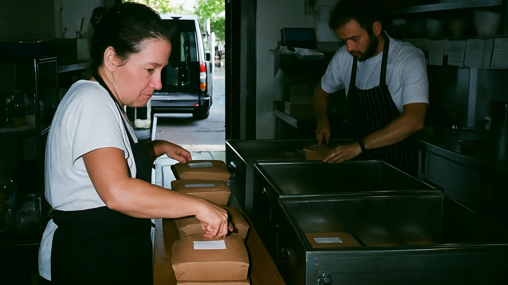 Catering-Team packt Essen in Liefer-Boxen in der Profi-Küche