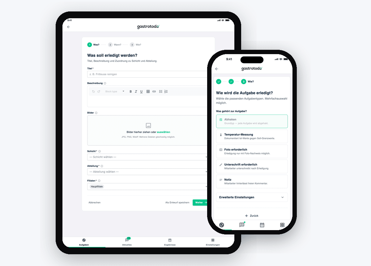 Ny opgave-editor: tre-trins guide Hvad/Hvornår/Hvordan på iPad'en, Hvordan-trinet med opgavetype-valg på iPhone ved siden af.