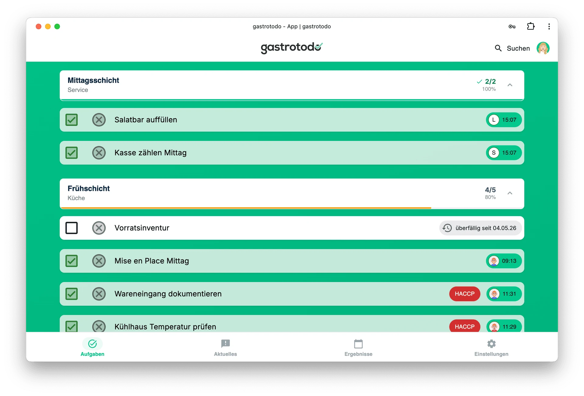 Opgaver — afkrydset vagt for vagt.