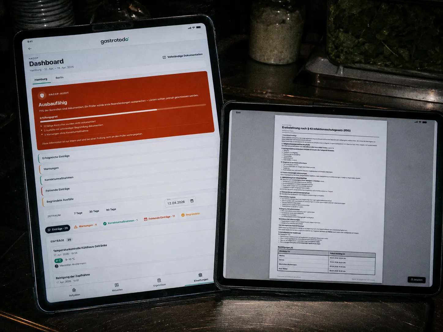 HACCP audit dashboard with completion rate and warnings next to the live record on two tablets.