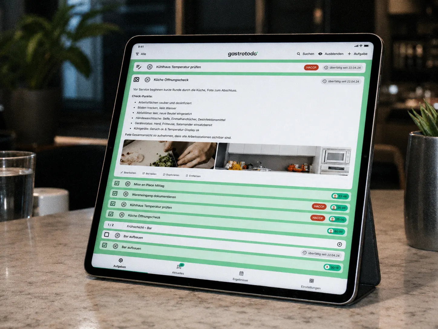 gastrotodo on a kitchen tablet: HACCP tasks and check items for the shift.